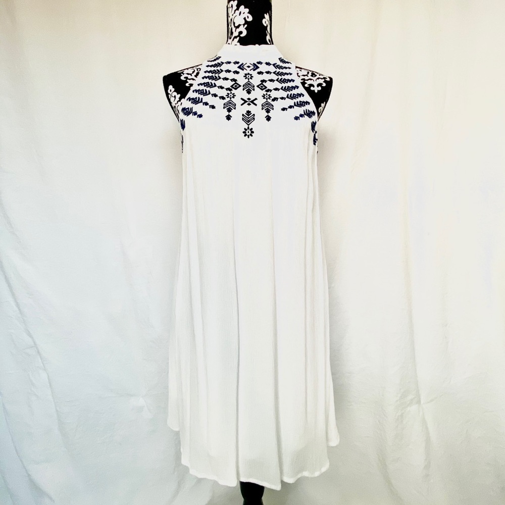 White Chiffon Dress w/ Navy Embroidery